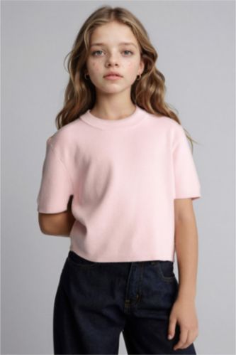 GIRLS & TEENS Light Pink بلوفر بناتي مضلع قصة عادية بياقة مستديرة