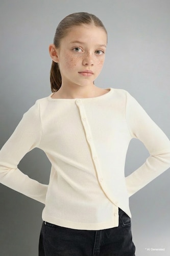Girl Crew Neck Buttoned Long Sleeve T-Shirt