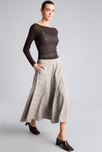 Kadın Bej A Kesim Kareli Normal Bel Midi Etek