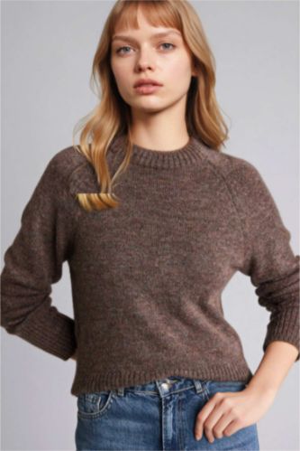 Kadın Kahve Regular Fıt Bisiklet Yaka Kazak