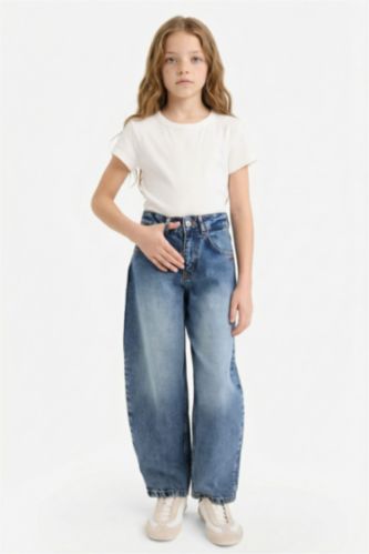 Kız Çocuk Barrel Fit Geniş Paça Jean Pantolon