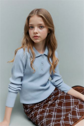 GIRLS & TEENS Light Blue Girl Regular Fit Polo Collar Pullover