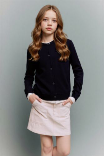 بناتي كحلي كارديجان بناتي تريكو قصة عادية بياقة مستديرة