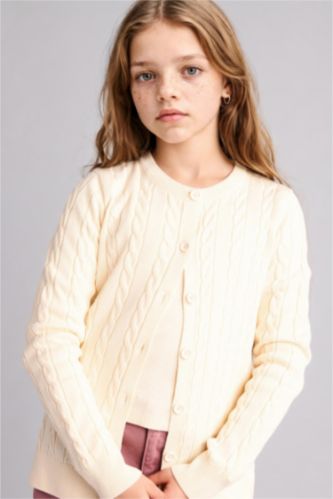 Girls & Teens Ecru Regular Fit Crew Neck Cardigan