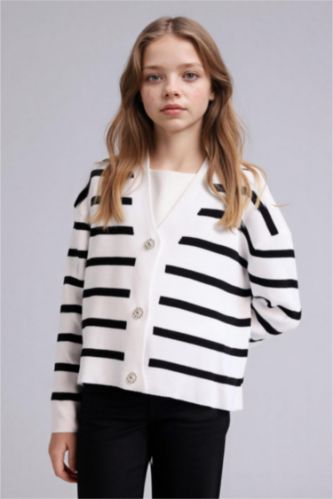 Kız Çocuk - Genç Kız Beyaz V Yaka Çizgili Hırka Kız Çocuk