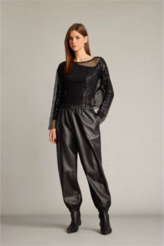 Balloon Fit Beli Lastikli Suni Deri Pantolon