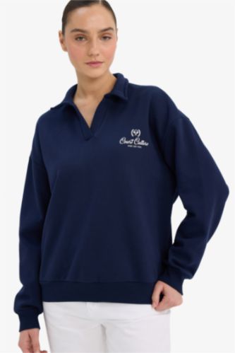 Relax Fit Polo Yaka Baskılı Kalın Sweatshirt