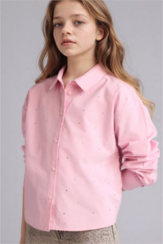 بناتي زهري قميص بناتي كم طويل بوبلين قصة عادية