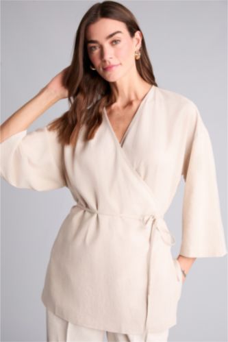 Әйелдерге Сұр Oversize айқаспа жағалы зығыр аралас ұзын жеңді блузка