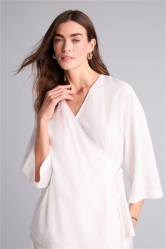 Әйелдерге АҚ Oversize айқаспа жағалы зығыр аралас ұзын жеңді блузка