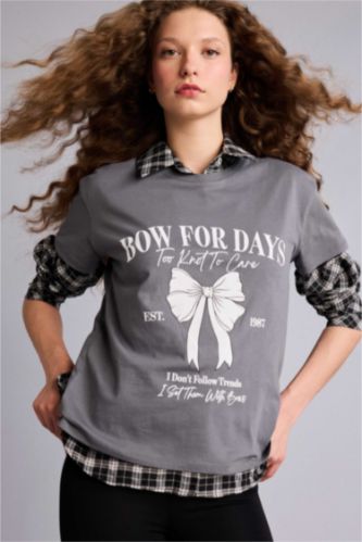 WOMAN Grey Printed Short Sleeve Oversize T-Shirt