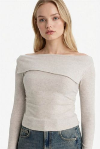 Fitted Açık Omuz Fitilli Kaşkorse Uzun Kollu Tişört