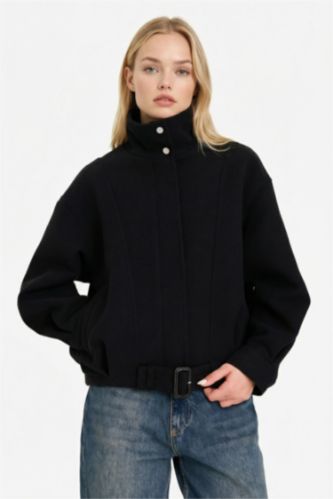 Kadın Siyah Dik Yaka Kaşe Kaban 