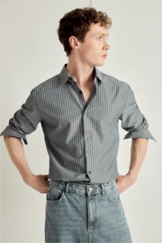 Erkek İndigo Modern Fıt Gömlek Yaka Çizgili Keten Karışımlı Uzun Kollu Gömlek