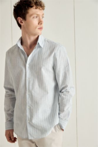 Erkek Açık Mavi Regular Fıt Gömlek Yaka Çizgili Keten Karışımlı Uzun Kollu Gömlek