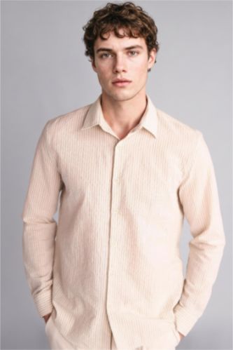 Erkek Ekru Modern Fit Çapraz Dokuma Gömlek