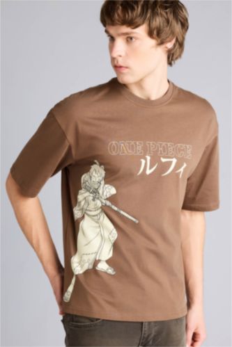 Erkek Kahve One Pıece Baskılı Boxy Fıt Tişört