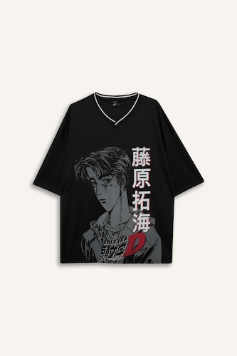 Initial D Loose Fit Printed Short Sleeve T-Shirt