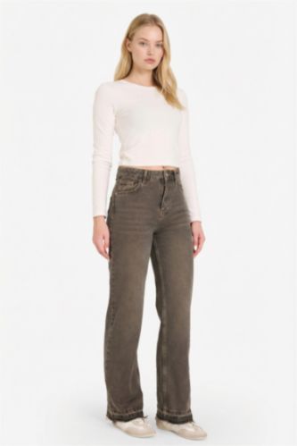 90's Wide Leg Yüksek Bel Kesik Uç Paça Uzun Jean Yıkamalı Pantolon