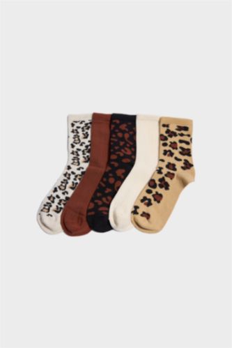 Kadın Leopar Desenli 5'li Pamuklu Uzun Çorap