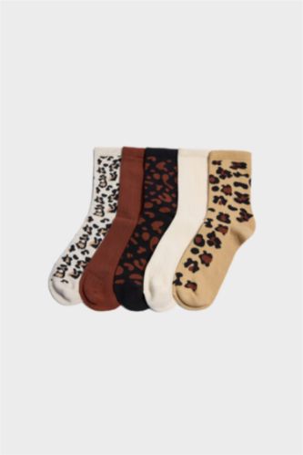Kadın Karma Kadın Leopar Desenli 5'li Pamuklu Uzun Çorap