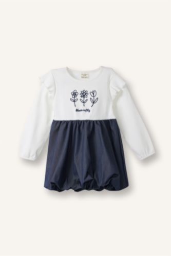 Kız Bebek İşlemeli Uzun Kollu Fitilli Kaşkorse Elbise