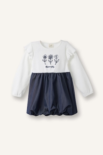 Balloon Fit Embroidered Long Sleeve Woven Dress