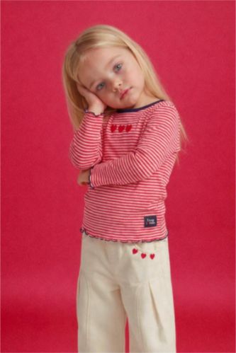 Қыз сәбилерге арналған дөңгелек жағалы жолақты ұзын жеңді футболка