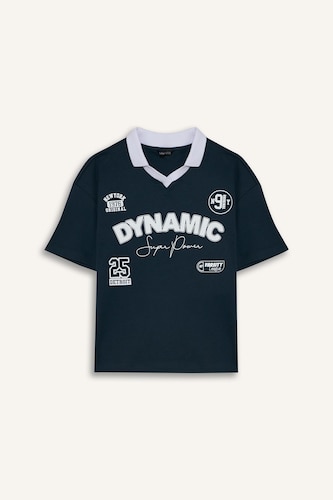 Boy Oversize Fit Apache Collar Slogan Print Polo T-Shirt