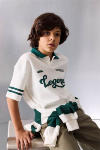 BOYS & TEENS Ecru Oversize Fit Slogan Short Sleeve Polo T-Shirt