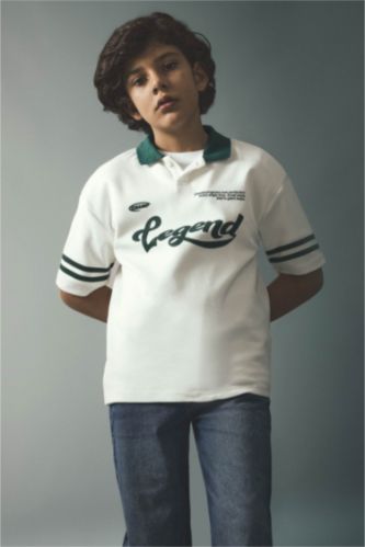 Erkek Çocuk - Genç Erkek Ekru Oversıze Polo Yaka Slogan Baskılı Kısa Kollu Polo Tişört Erkek Çocuk