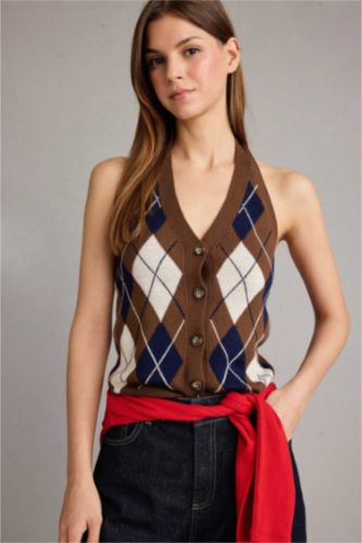 Slim Fit Dar Kesim Halter Yaka Baklava Desenli Yelek