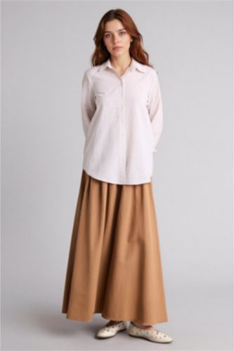 Woman Camel A Cut Linen Blended Maxi Skirt