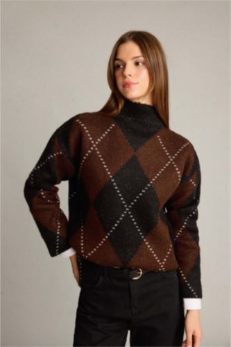 Overshirt Fit Yarım Balıkçı Yaka Baklava Desenli Triko Kazak