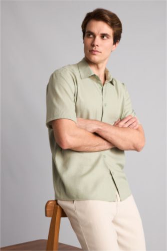 Men Mint Regular Fit Linen Blended Short Sleeve Shirt