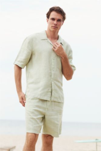 رجال نعناع Regular Fit Linen Blended Short Sleeve Shirt