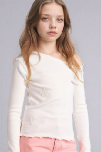 Girls & Teens White Regular Fit Flower Long Sleeve T-Shirt