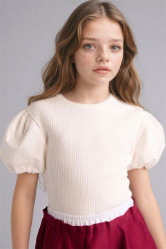 FILLES Écru T-shirt côtelé à manches ballon pour fille