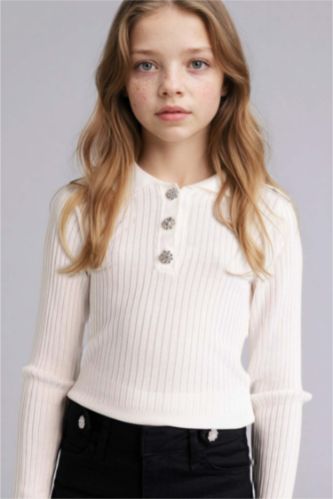 Kız Çocuk - Genç Kız Beyaz Taş Düğme Detaylı Kazak Kız Çocuk