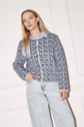 نساء أزرق فاتح سترة تريكو قصة عادية برقبة مستديرة