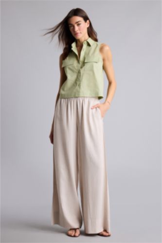 Женщины Бежевый Длинные брюки Wide Leg из смесового льна с нормальной посадкой деталью кармана и широкими штанинами
