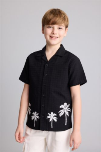 Young Boys - Teen Boys Black Regular Fit Tropical Patterned Short Sleeve Shirt