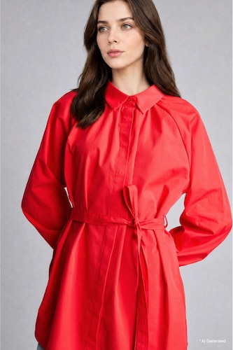 Kadın Kırmızı %100 Pamuk Relaxed Fit Uzun Kollu Poplin Tunik