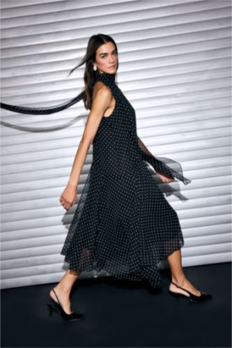 WOMAN Black Asymmetric Degaje Neck Polka Dot Chiffon Midi Dress