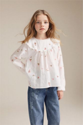 GIRLS & TEENS Ecru Girl Floral Embroidered Muslin Blouse