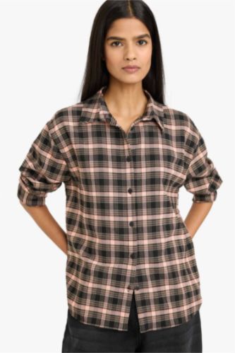 Oversize Fit Shirt Collar Flanel Plaid Long Sleeve Shirt