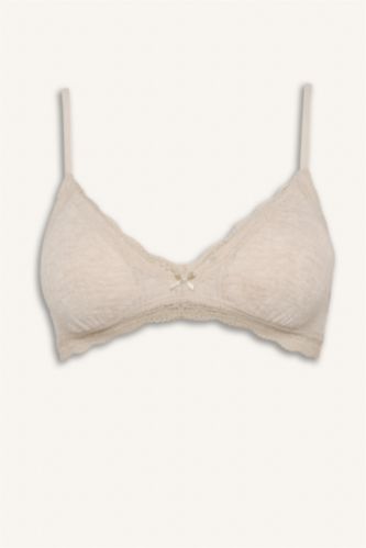 Kadın Açık Kahve Melanj Dantel Detaylı Çıkarılabilir Pedli Balensiz Bralet