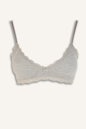 Kadın Gri Melanj Dantelli Çıkarılabilir Pedli Balensiz Bralet