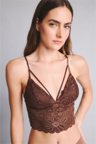 WOMAN Brown Padded Wire-Free Lace Bralette