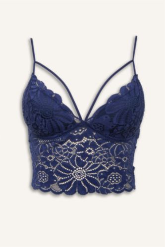 Kadın Lacivert Dantelli Dantel Kaplı Pedli